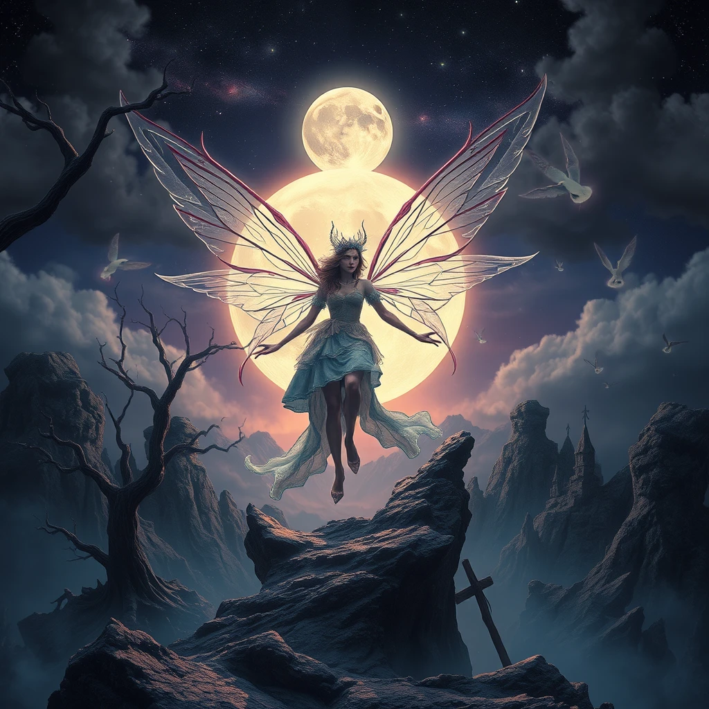 fantastical gothic world. moon fairy. surreal. mystical. high definition.