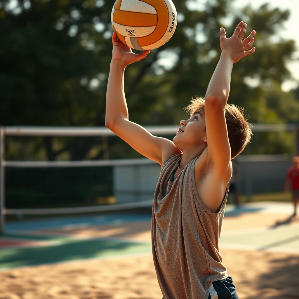 A boy playing volleyball, hyper real, photorealistic, DSLR.