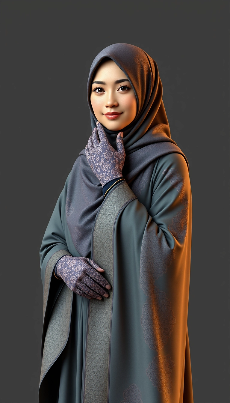 A 3D, 8k depiction of a Muslim woman from Palembang, wearing a traditional long songket and a long gown (gamis). She is adorned with a hijab that covers her chest and wears batik gloves covering her hands.