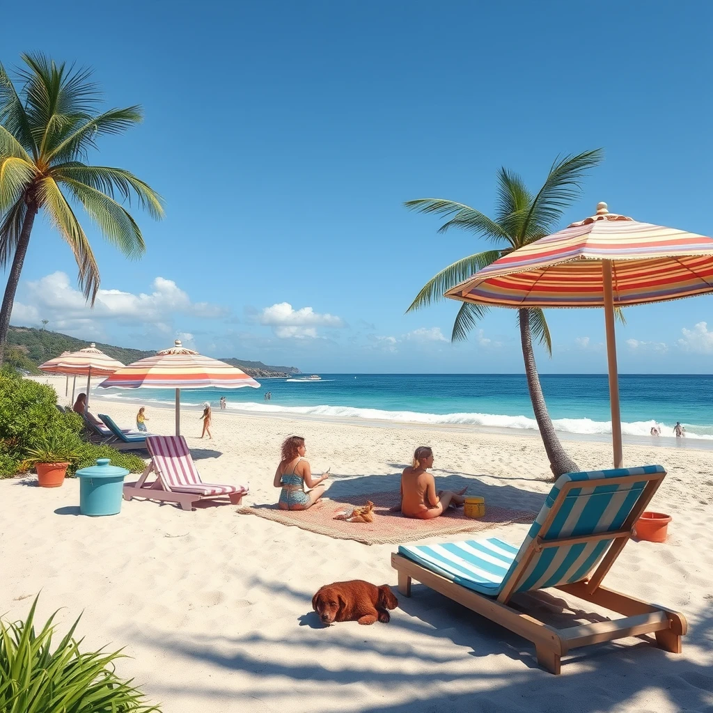 Create a summer beach scene like from the TV show Bluey. - Image