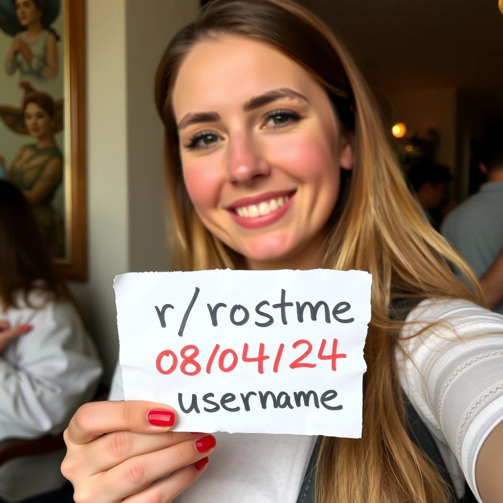 Selfie of a lady holding a handwritten small crumpled sign that says “r/roastme” “08/04/24” “username”.