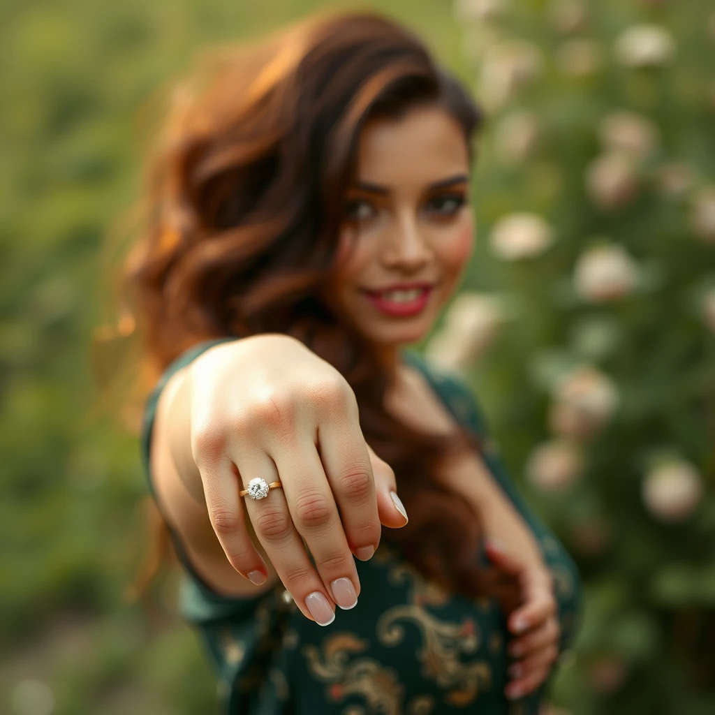 The beauty stretches out her hand wearing a diamond ring.