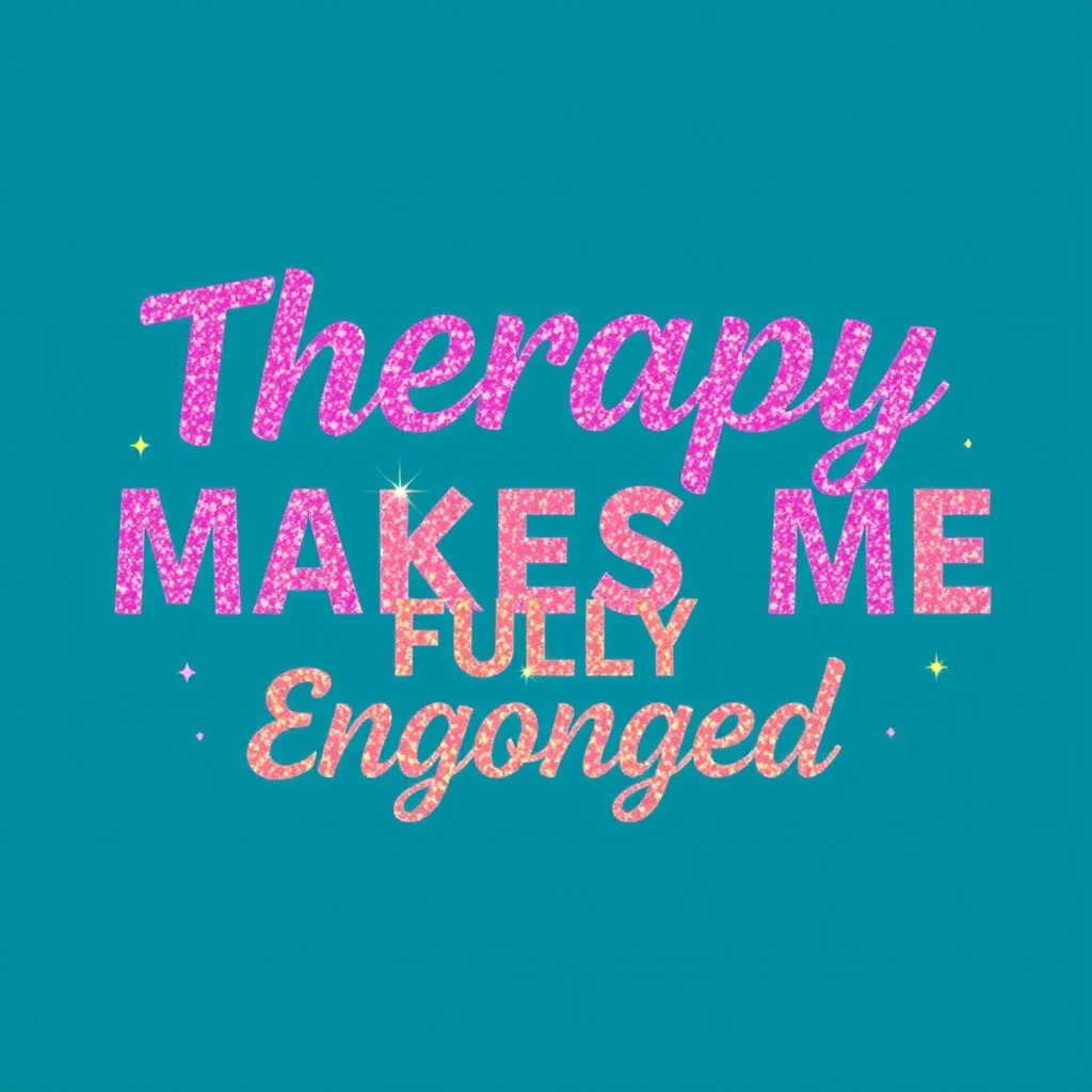 T-shirt design of fantastic vibrant glittery but ethereal text that says "Therapy Makes Me Fully Engorged."