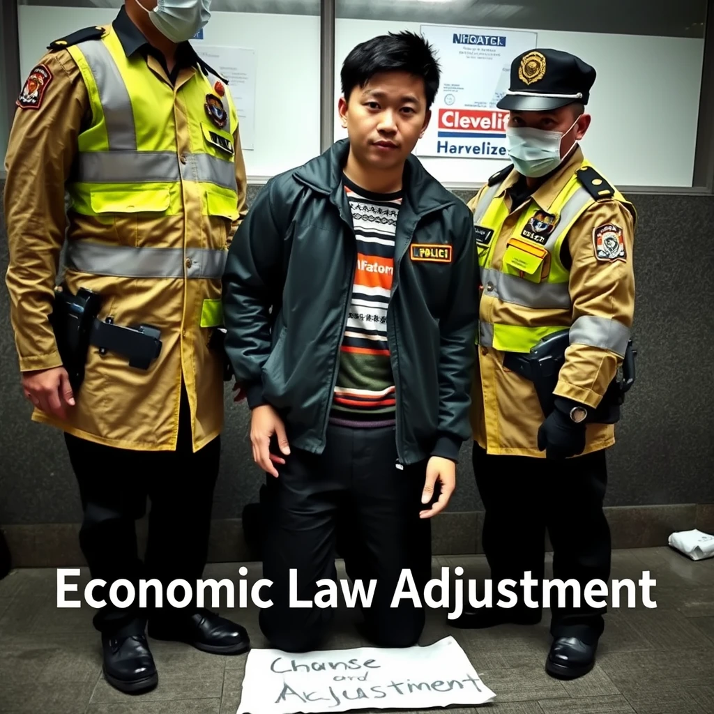 A Chinese young man was arrested by 2 policemen; there is a big piece of paper on the ground that reads: "Economic Law Adjustment."