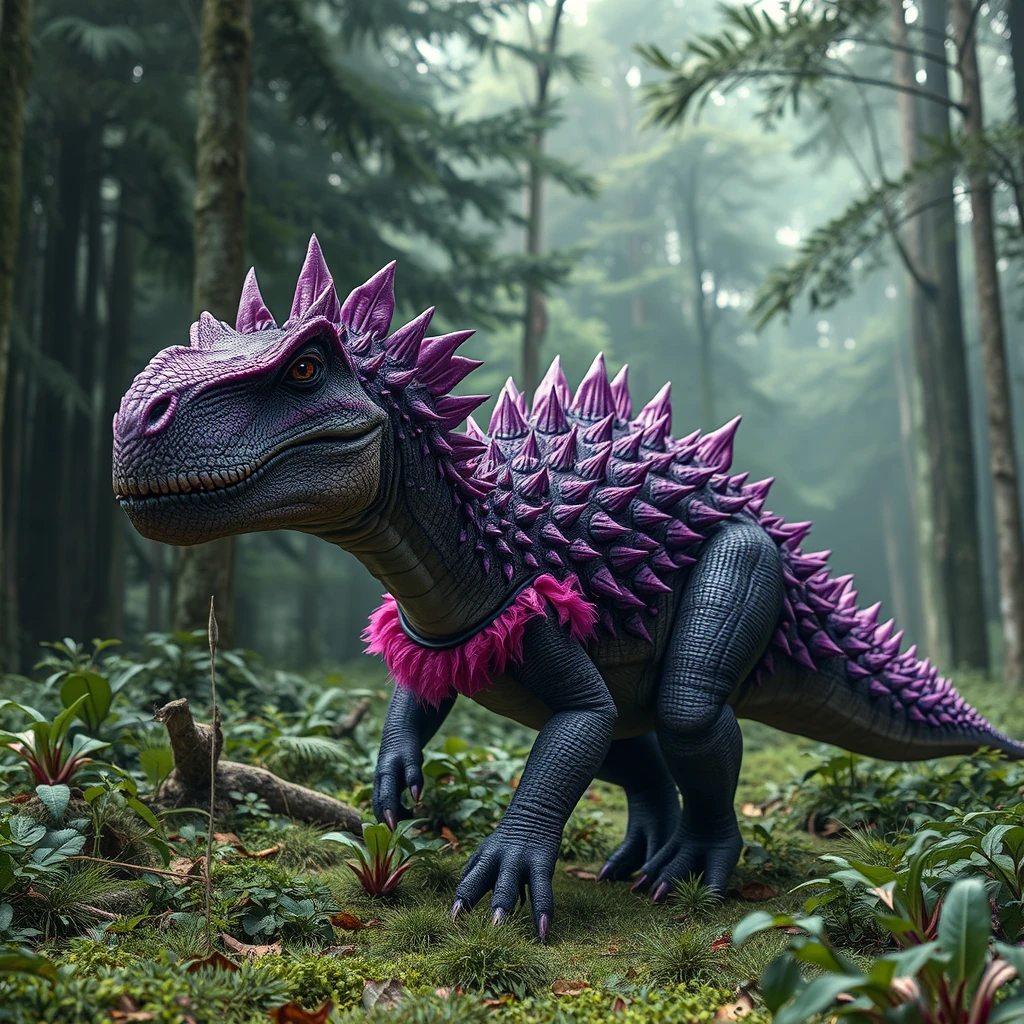 A hyper-realistic dinosaur covered in purple spikes, with a frill of pink feathers, is roaming a lush forest and about to step on the camera.