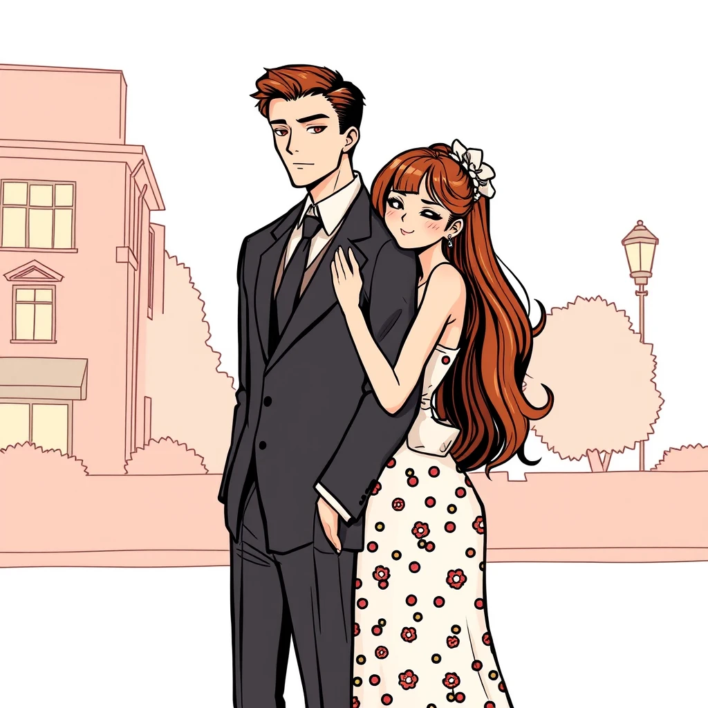 couple, hug, comic lineart, daily life, lolita dress, formal suit, tall and handsome