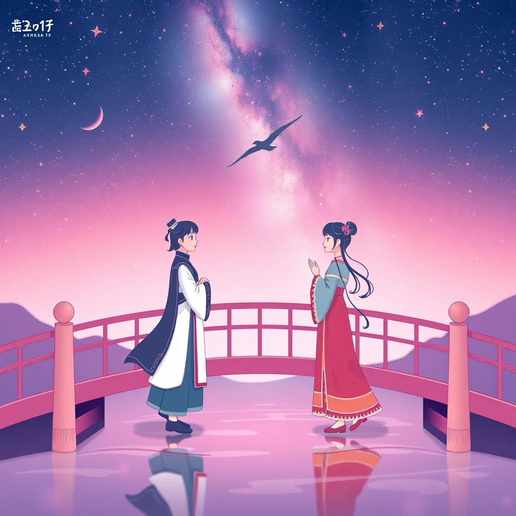 The scene depicts the romantic reunion of the Cowherd and Weaver Girl on the Magpie Bridge. They are dressed in traditional Chinese clothing, standing on opposite sides of the Milky Way and meeting on the bridge. The background features a deep night sky adorned with stars. The entire image uses soft pinks, purples, and blues to create a romantic atmosphere. The overall style reflects traditional Chinese aesthetics. - Image