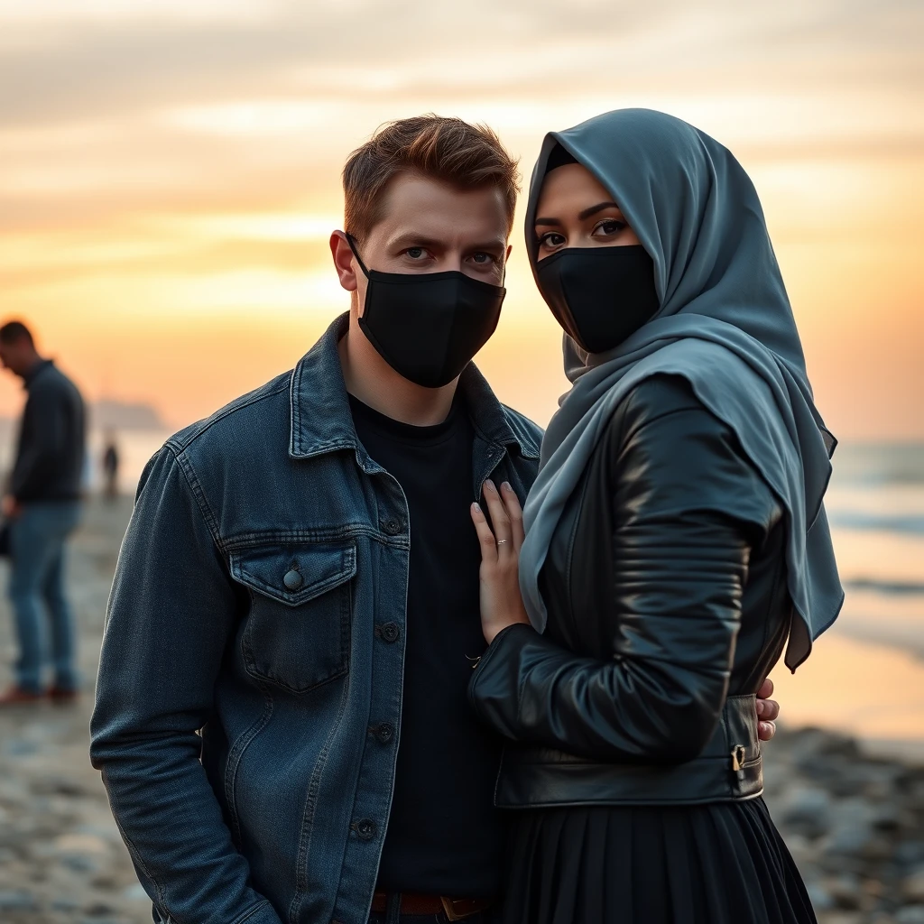 Jamie Dornan's head and body shot, handsome, black face mask, denim jacket, jeans, dating, love couple, with the biggest grey hijab Muslim girl, black face mask, beautiful eyes, black leather jacket, biggest skirt, taking photo at the beach, DSLR Canon camera, sunset, hyper-realistic, street photography.