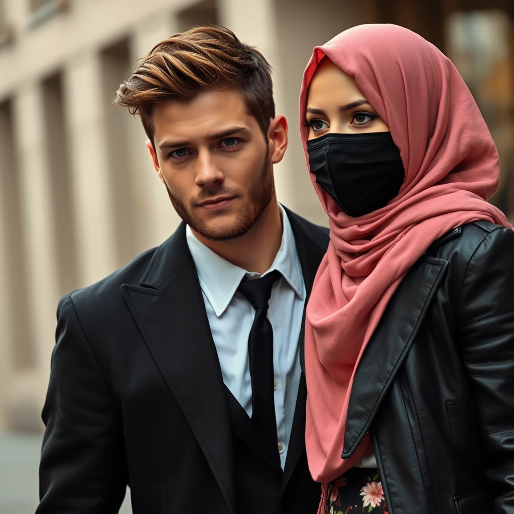 Jamie Dornan’s head and body shot, handsome, young, face mask black, black coat suit unbuttoned, dating love with the biggest soft pink hijab girl, beautiful eyes, black leather jacket, face mask black, biggest floral skirt, hyper realistic, street photography. - Image