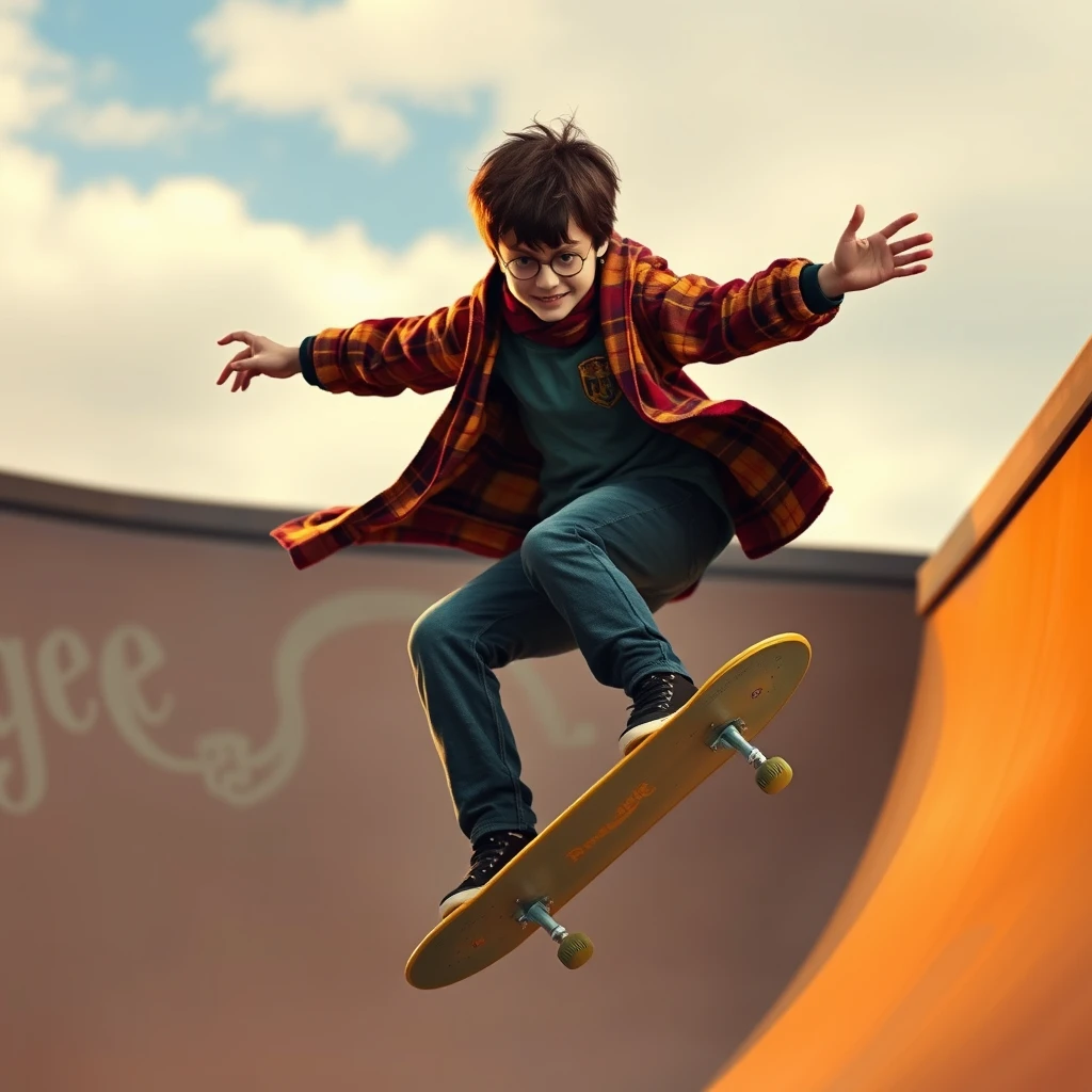 Photorealistic: Harry Potter with skateboard in the halfpipe.