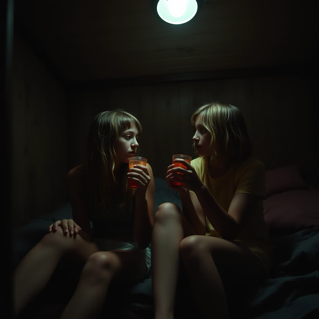 Two girls at summer camp feel the effects of a potent aphrodisiac while they're alone in their dim but cozy cabin. - Image