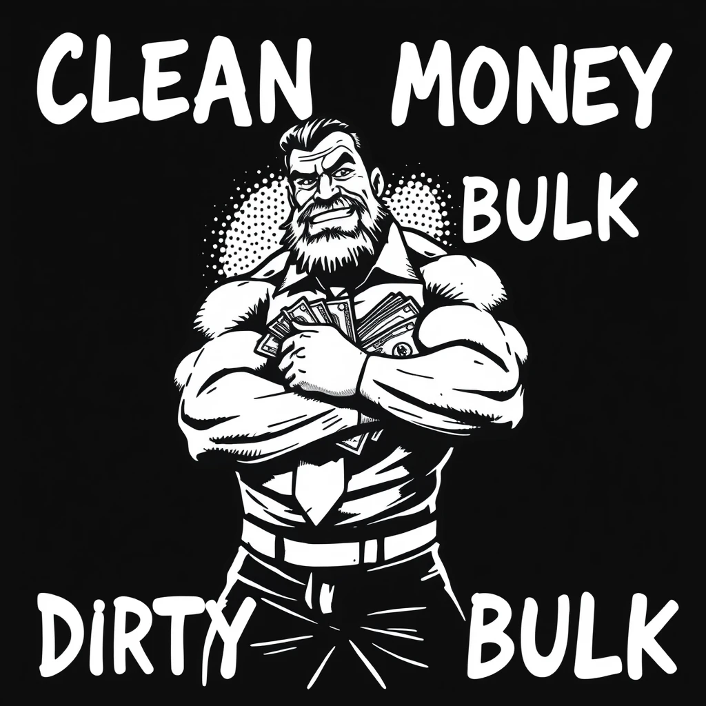 A dot comic ink black monochromatic style of a muscular business gigachad holding a wad of cash. Text says "Clean Money Dirty Bulk".