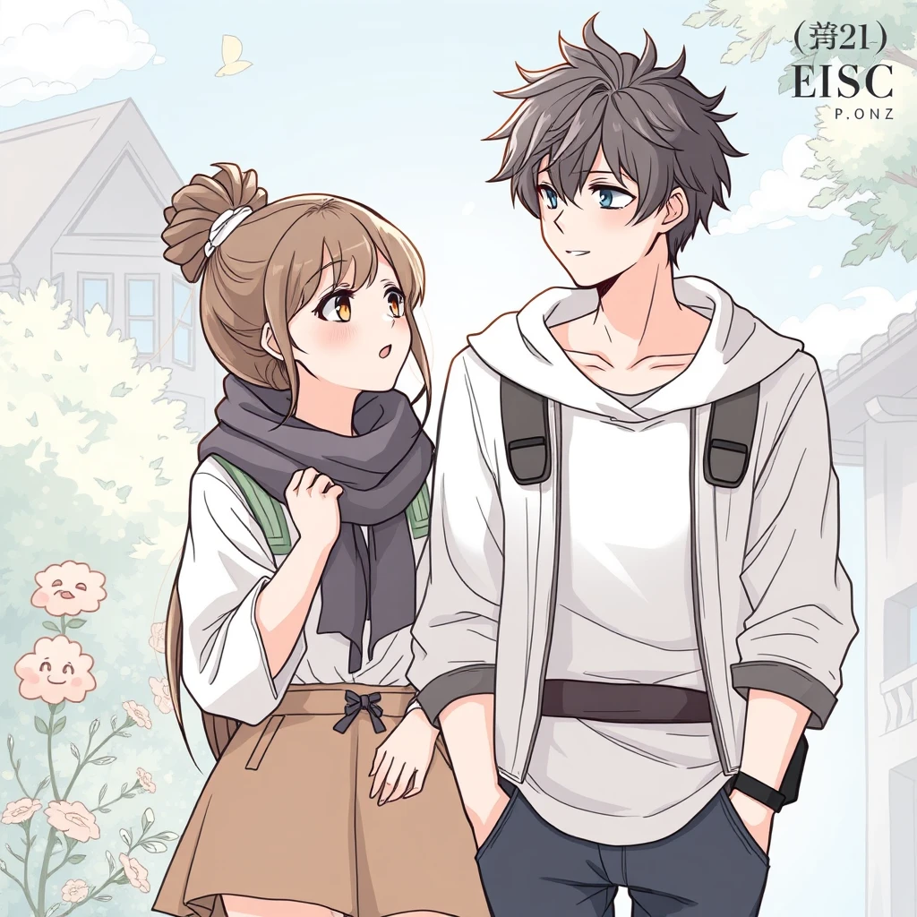 Young couple's daily life, handsome tall boy. Anime lineart, fantasy clothing, full-length view. - Image