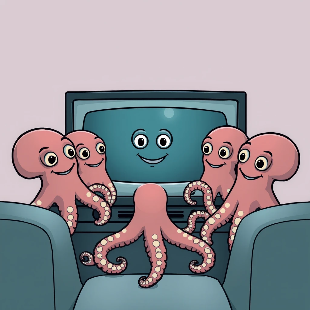 Six octopuses smiling at a TV.