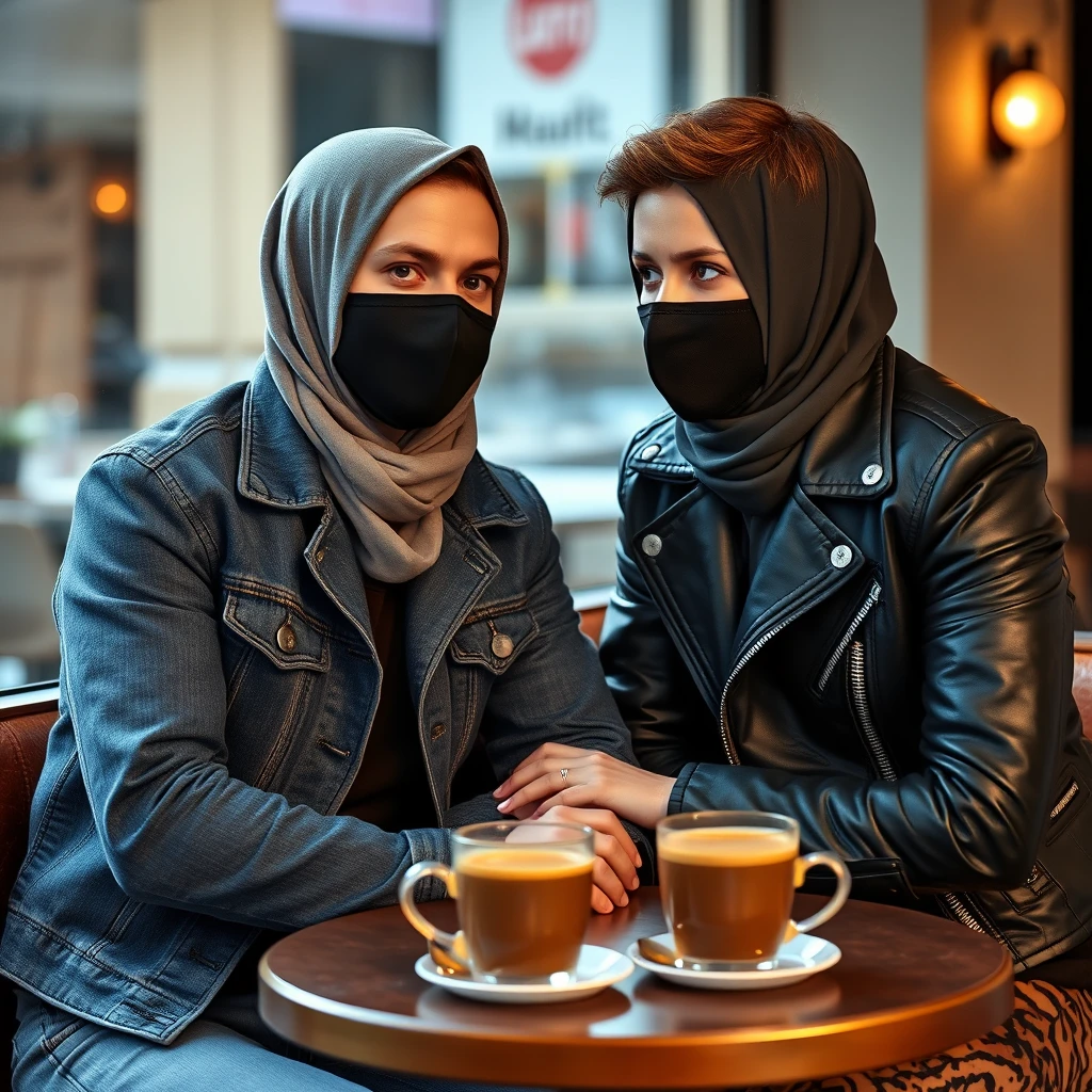 Jamie Dornan's head and body shot, handsome, black face mask, blue jeans jacket, jeans, dating a Muslim girl in a grey hijab, beautiful eyes, black face mask, black leather jacket, biggest tiger pattern skirt, at a cafe, 2 cups of espresso on the table, photorealistic.