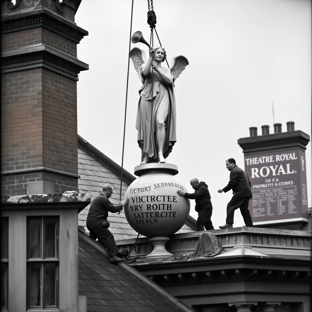 A highly detailed photograph depicting some men removing an 8' tall statue of 'Victory' playing an angel horn, standing on a small globe, from the roof of The 'Theatre Royal' in Chatham, 1940. It's raining and a dark and dismal day.