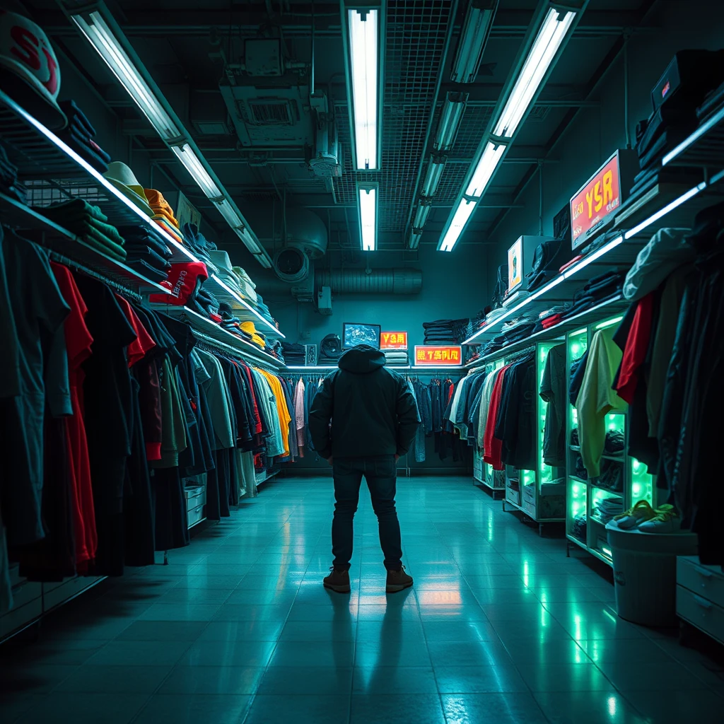 wear store, nobody, big room, bright surrounding, cyberpunk