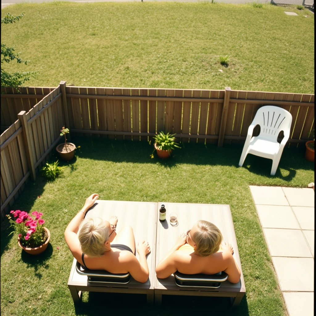 Older women tanning in backyard view from above.