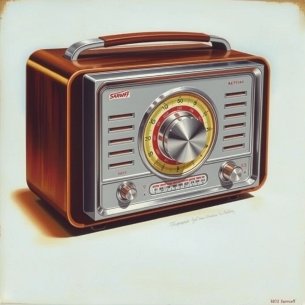 A multi-band radio concept, featuring a backlit tuning dial, as painted by Arthur Sarnoff. - Image