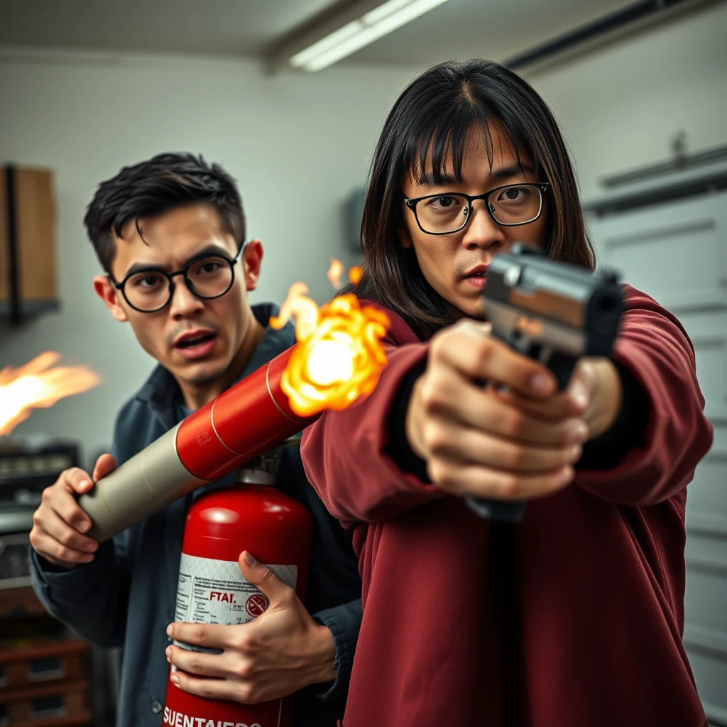 I want a 2-person set. There are two men, both 20 years old, and they look really angry with a murderous intent, set in a garage. The first man is a Caucasian white man. He has short black hair and wears round prescription glasses; in the scene, he's holding a very large fire extinguisher that shoots fire like a flamethrower. The second man is Asian, with a thin long face, mid to long hair with a fringe, and he wears square prescription glasses. He is holding a pistol aimed at the screen.