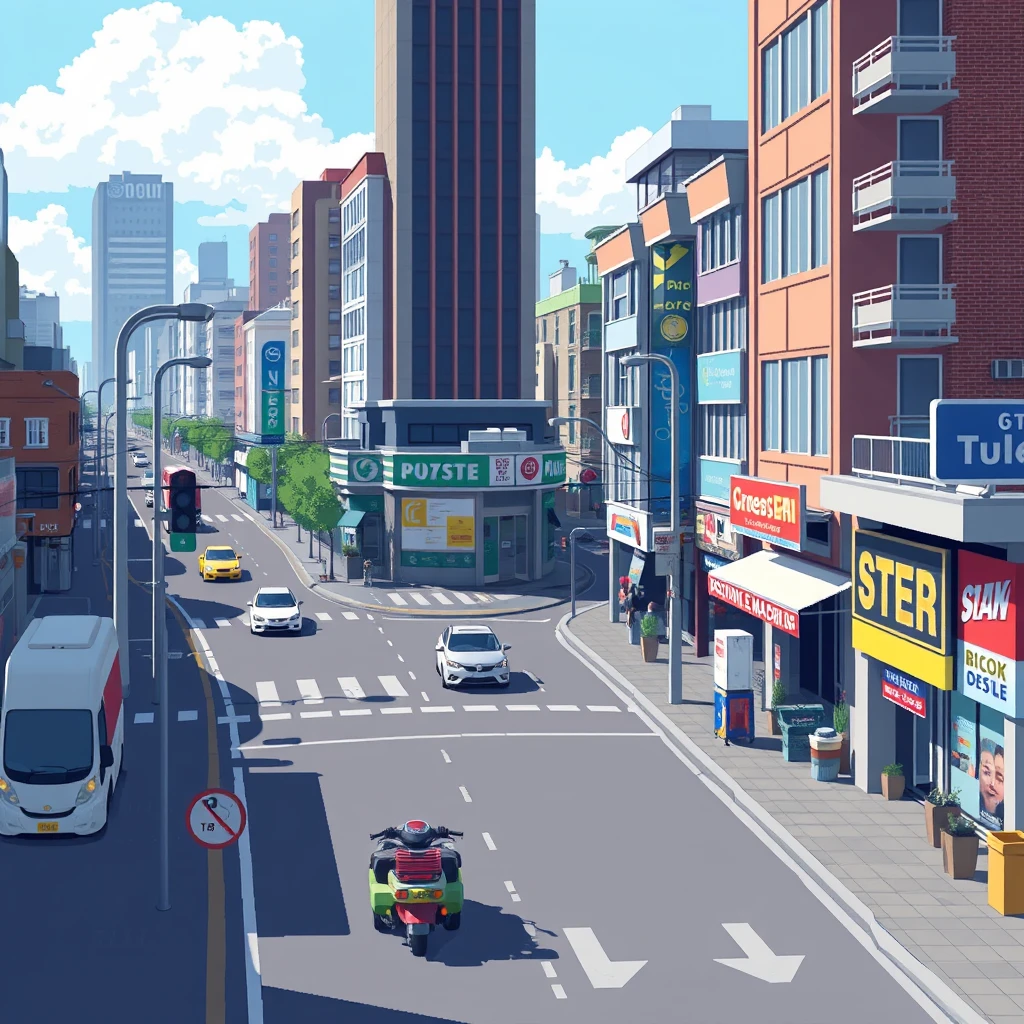 Urban streets, commercial streets, roads, vehicles, pixel art.