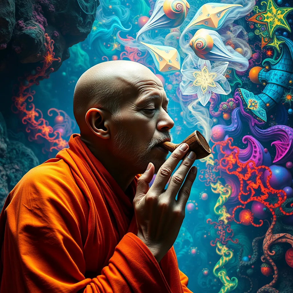 monk smoking DMT from a pipe and breaking through to another dimension full of multicolored fractals - Image