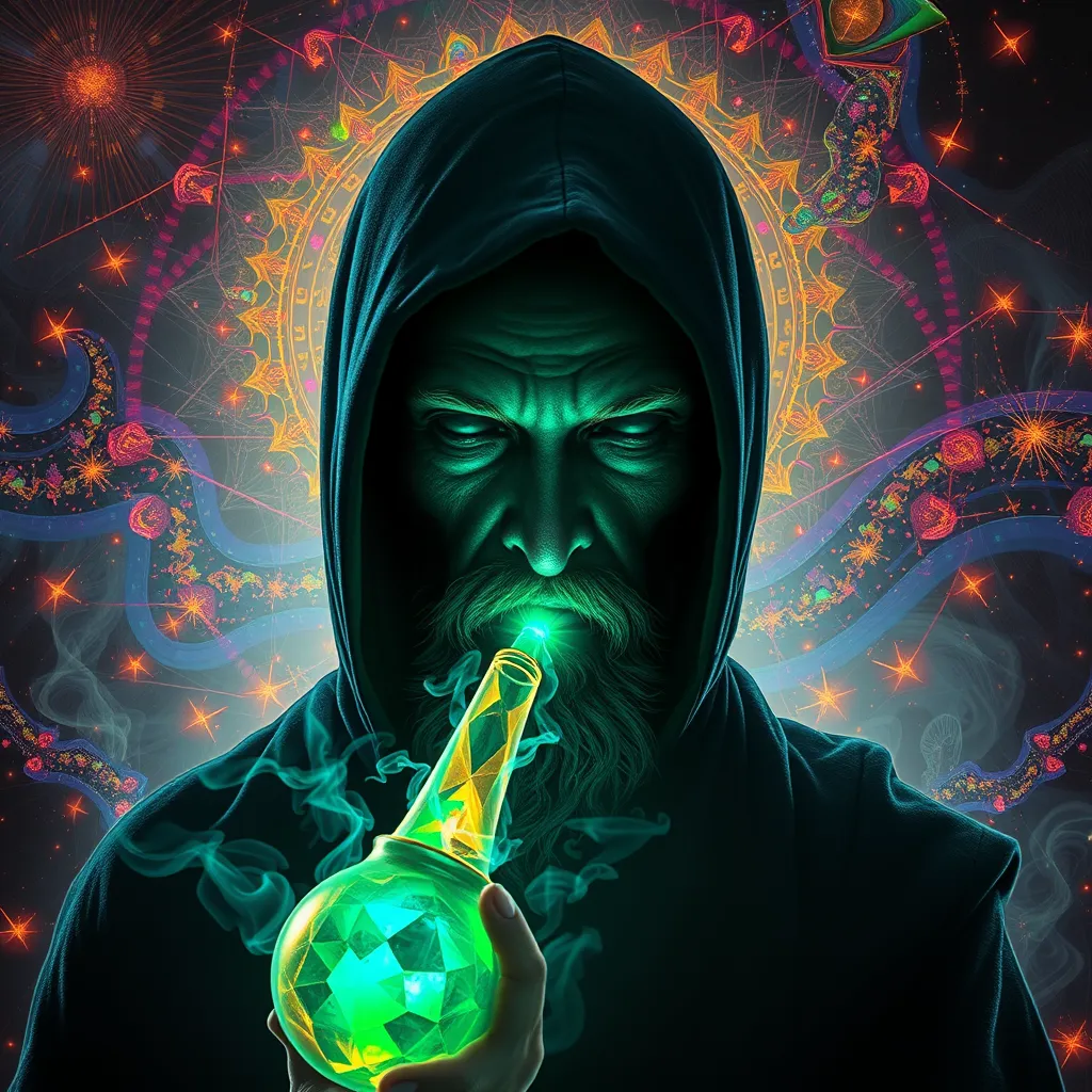 dark monk smoking dmt from a pipe and breaking through to another dimension full of multicolored fractals