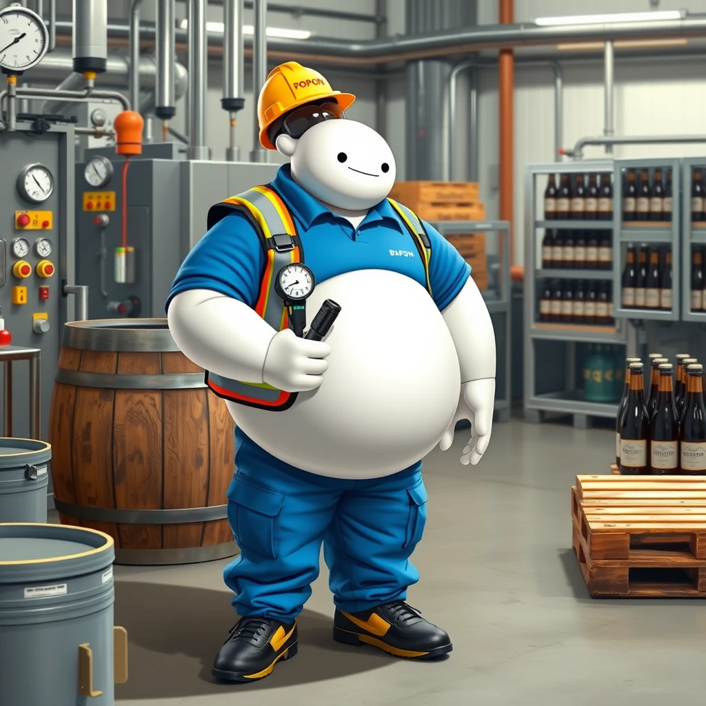 Baymax is measuring bottles with a gauge in the quality control and inspection area of a beer bottling plant, surrounded by machinery, a barrel, gauges, measuring instruments, pallets, beer bottles, dressed in a blue polo shirt that covers his entire torso, safety equipment, a reflective vest, safety shoes, a walkie-talkie, industrial safety goggles, blue cargo pants, and a yellow helmet with the word POPON written on it. The polo shirt has the word POPON written on it. - Image