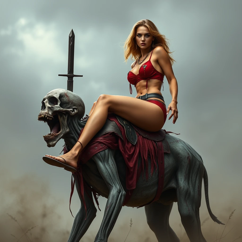 A tall mature woman in red sexy battle leather underwear rides on a zombie's back, her legs open and clamped around the zombie's neck; she stabs a dagger into the zombie's head, lineart.