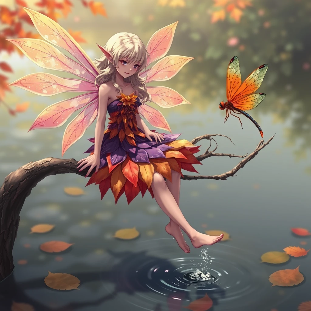 Highly detailed, 20-year-old slender lanky anime woman dressed like a fairy. She has long elven ears. Her hair is cream-colored, voluminous and wavy, with a dress fashioned from flower petals that are purple, orange, and red. Her feet are dipped in the water. Her wings are shaped like translucent autumn leaves. She's sitting on a branch above a pond, kicking her feet playfully in the water below. She is looking with amusement at a giant colorful dragonfly that is perched on the end of the branch, facing toward her. She has shimmering violet skin. Anime style. - Image