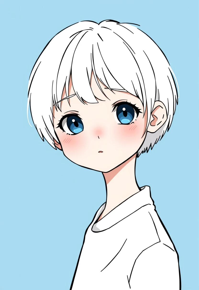 A cute little girl with short white hair, blue eyes, round face, bangs, wearing a white shirt, comic style, minimalist style, clean blue background, no black strokes, half body portrait, geometry. - Image