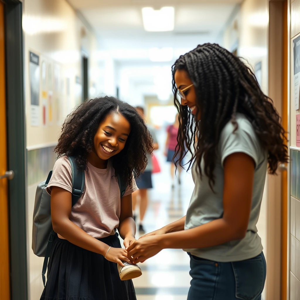 A beautiful African-American student in a school hallway, laughing as a white girl ties her shoes.