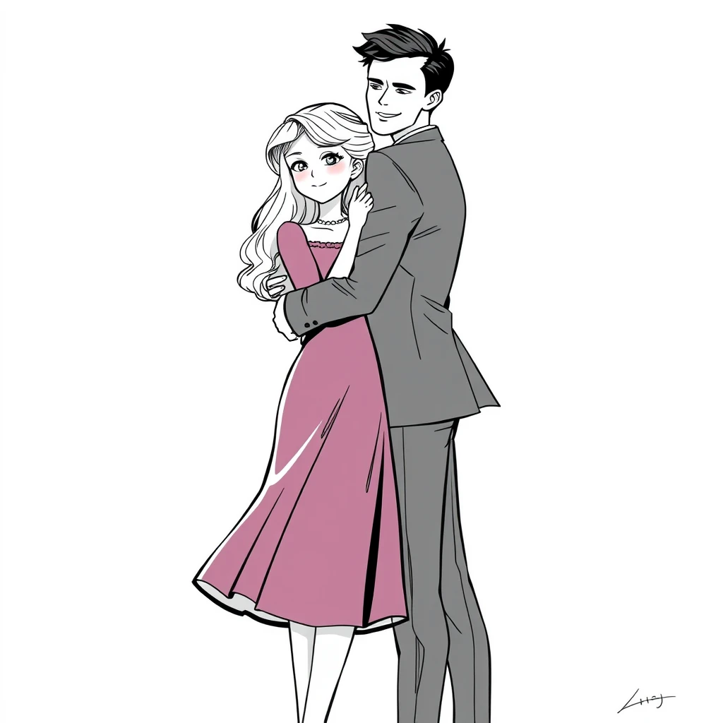 couple, hug, comic line art, daily life, lolita dress, formal suit, tall and handsome