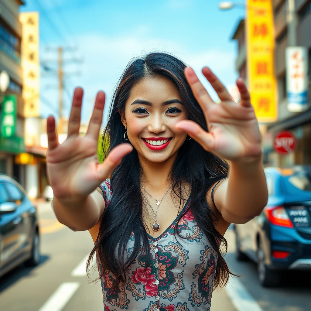 Asian woman holding hands out in the middle of the street, perfect figure, intricately detailed body, perfect face, perfect eyes, perfect teeth, perfect body, fit, epic, high-detail.