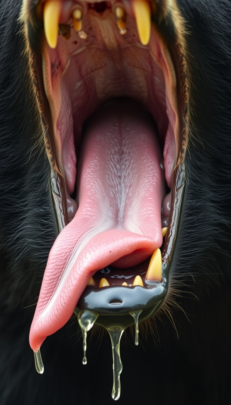 The black bear opened its mouth, which was very big, revealing sharp teeth that were very pointed. Its tongue was dripping with saliva, and there was a lot of saliva, making its mouth all wet. The veins in the oral cavity were visible, and there were multiple tongues.