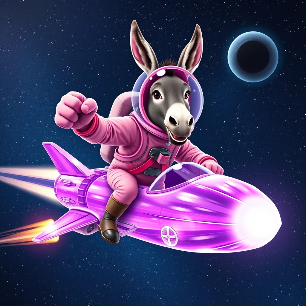 An ambitious donkey wearing pink astronaut costume, riding on a crystal light purple stunning spaceship, making a punching gesture, flying to the outerspace under a clear night sky with lots of shining stars, passing by a huge black-hole. Realistic style.