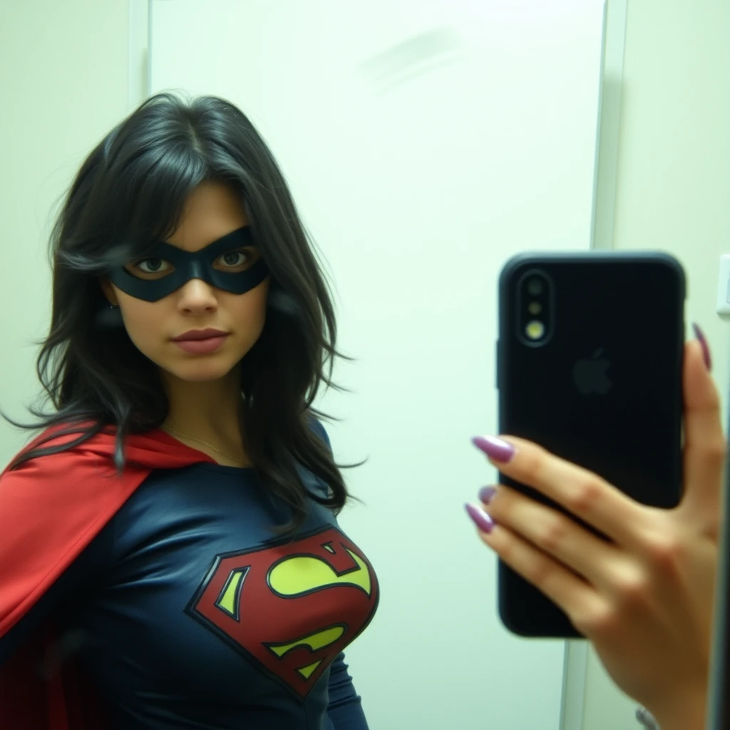 Phone photo: A woman superhero stands in front of a mirror capturing a selfie. The image quality is grainy, with a slight blur softening the details. Her expression is shy while the old iPhone struggles to focus, giving the photo an authentic, unpolished feel. The mirror shows smudges and fingerprints, adding to the raw, everyday atmosphere of the scene. - Image