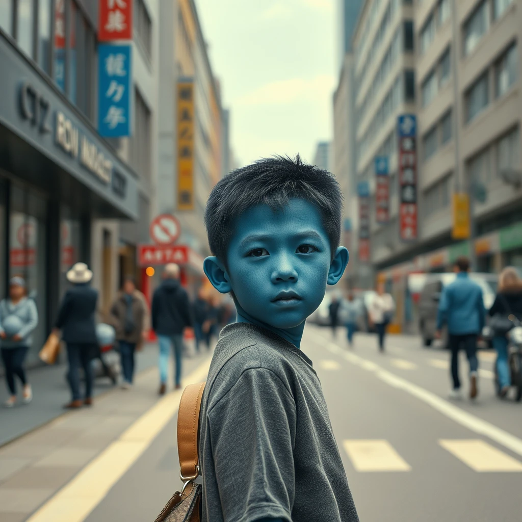 An Asian boy has blue skin, he walks down a busy city street. No one noticed him. photorealistic, 8K. - Image