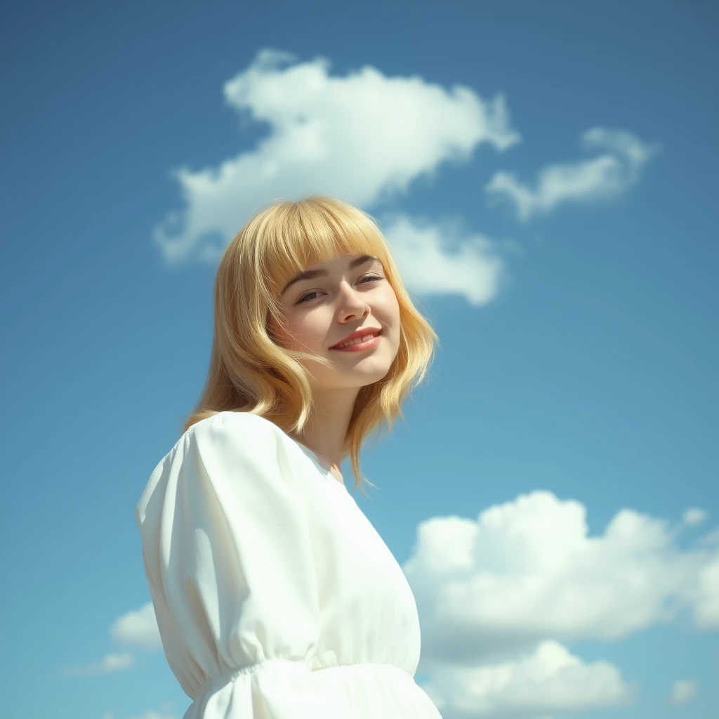 A serene, blissful scene of a young woman in a white dress. The scene feels authentic and unpolished, informal, without heavy makeup. Her blonde bangs frame the sides of her face. The fluffy clouds decorate the clear blue sky. - Image