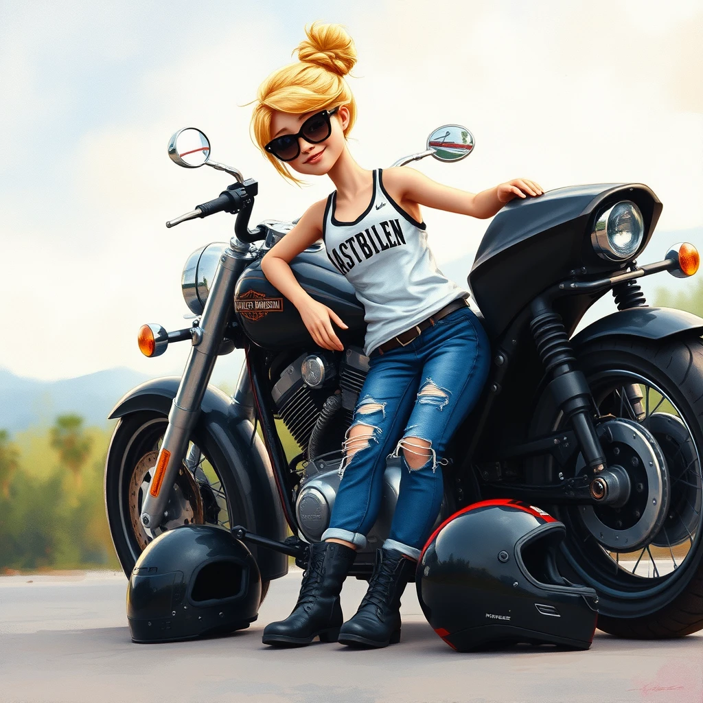 Hyper-detailed soft pastel watercolors and alcohol ink of a whimsical little sweet blonde leaning against her black motorcycle, wearing blue ripped jeans and a Harley Davidson white tank top, black riding boots, with her hair in a messy bun and blonde in color, black sunglasses, having a little attitude, and her black motorcycle helmet on the ground beside her black motorcycle, with a soft scenery background, textured painterly on canvas, animated movie image, 3D, HD.