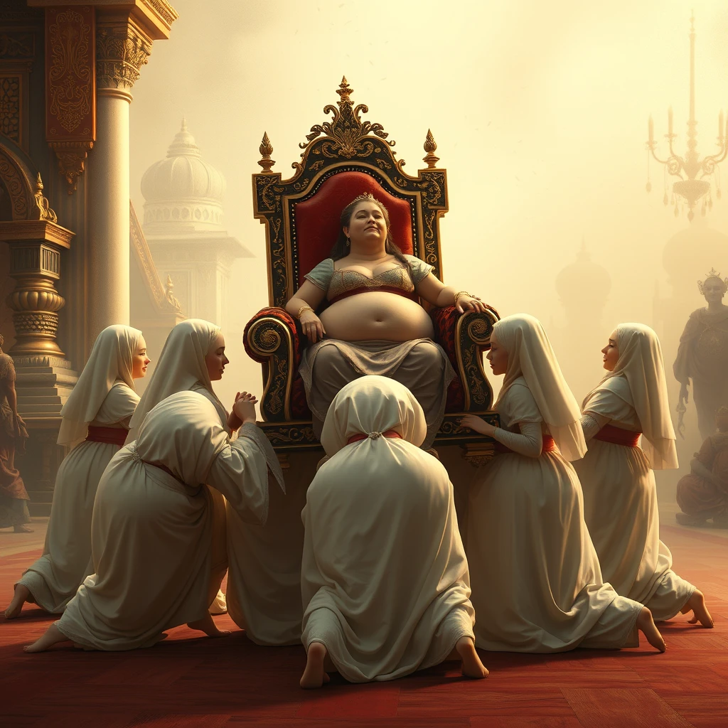 A group of palace maids crawled forward, carrying a luxurious throne on their backs, with a plump queen sitting on it, resting.