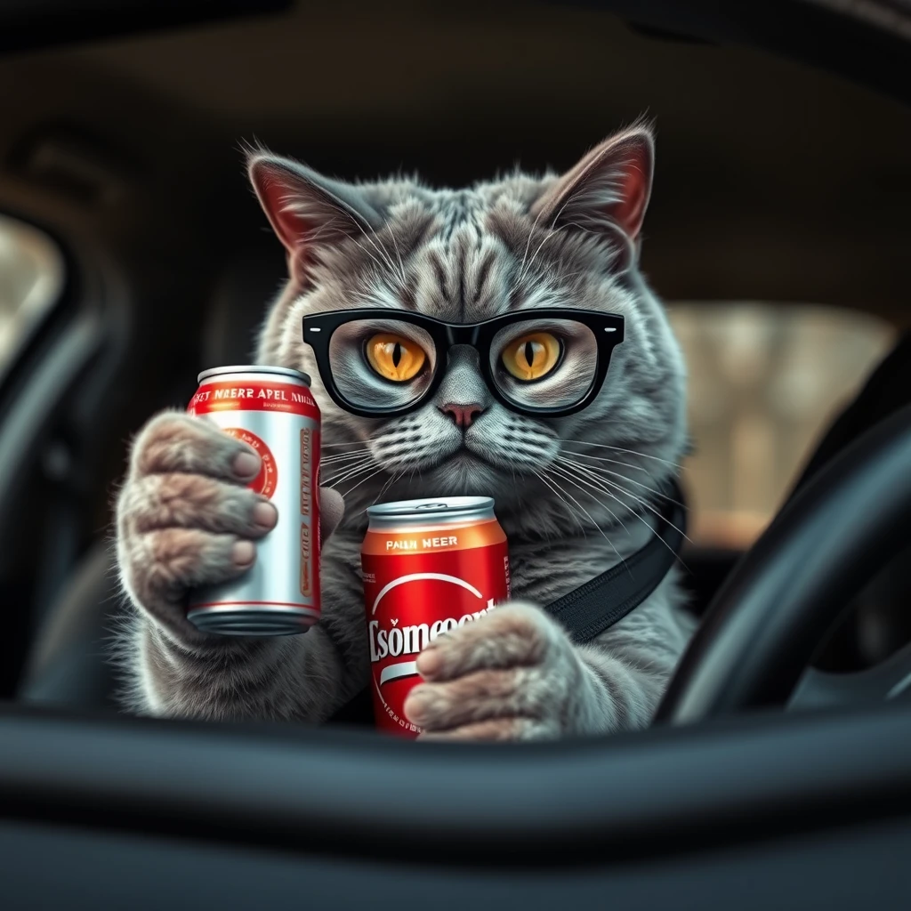 The cat is sitting behind the wheel and holding a can of beer in his hand. And sometimes drinking it. It's a Russian cat. He is a grey cat. His name is Pasha. He has an evil face. He is wearing big black glasses. - Image