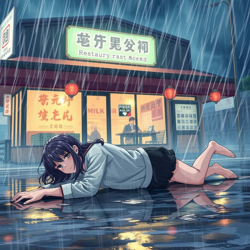 A female student is outside a restaurant, in a storm with strong winds and heavy rain, she is lying on the ground, she is drenched, and there are Chinese characters.