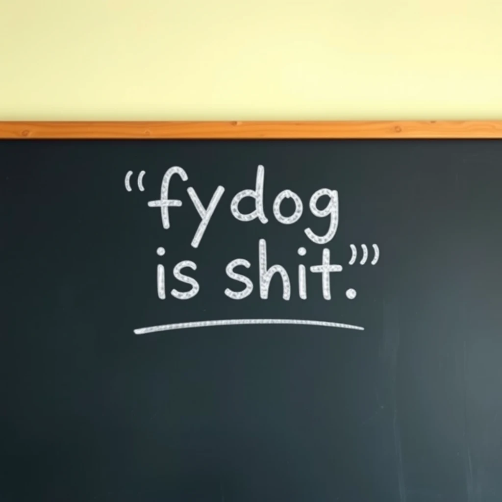 "text 'fydog is shit' on the blackboard"