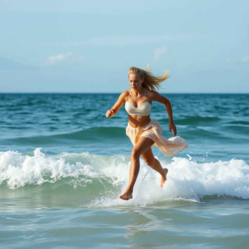 A blond lady running across the sea