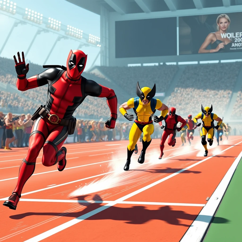 Deadpool and Wolverine leading the pack in the 400 meter Olympic final. - Image