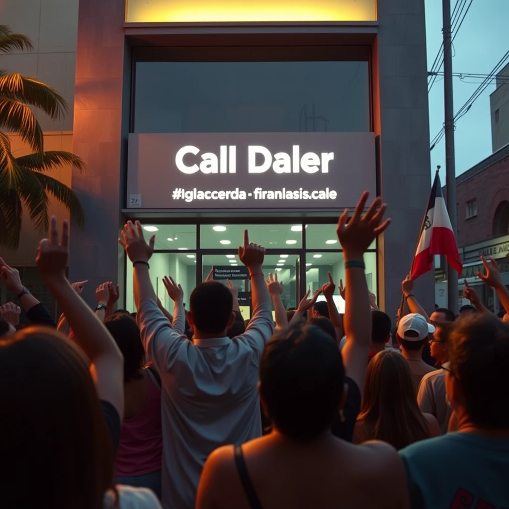 People celebrating in front of a call center office in Guatemala as if it were a concert, located on Los Próceres Boulevard in widescreen 16:9 and using theatrical camera techniques, with an aesthetic similar to the movie Amélie, where no faces are visible because everyone is turned towards the office.