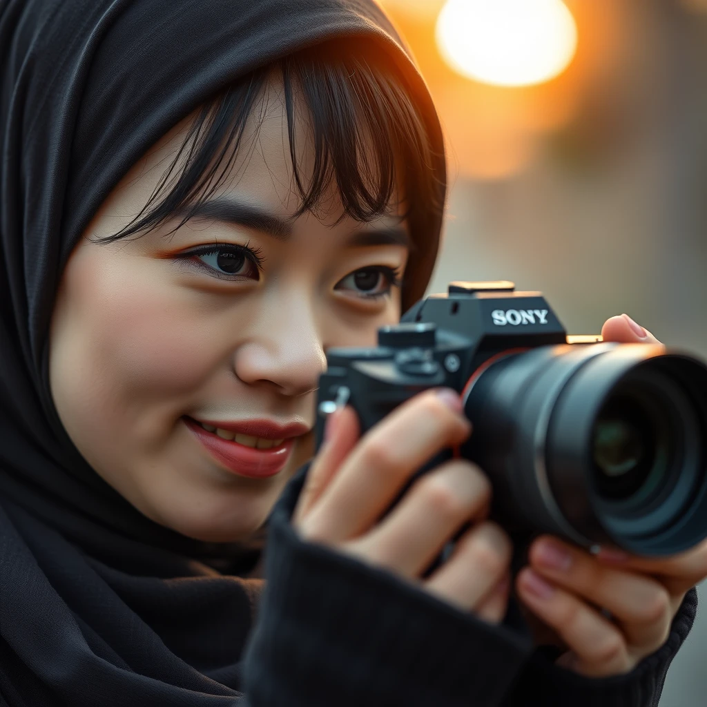 A Japanese beautiful hijab girl, shooting with her Sony Alpha A7 camera, intricate detail, bokeh, golden hour.