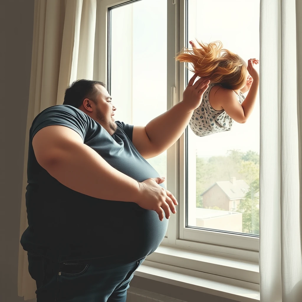 A fat man pushed a woman at the window, causing her to fall out of the window in fear.