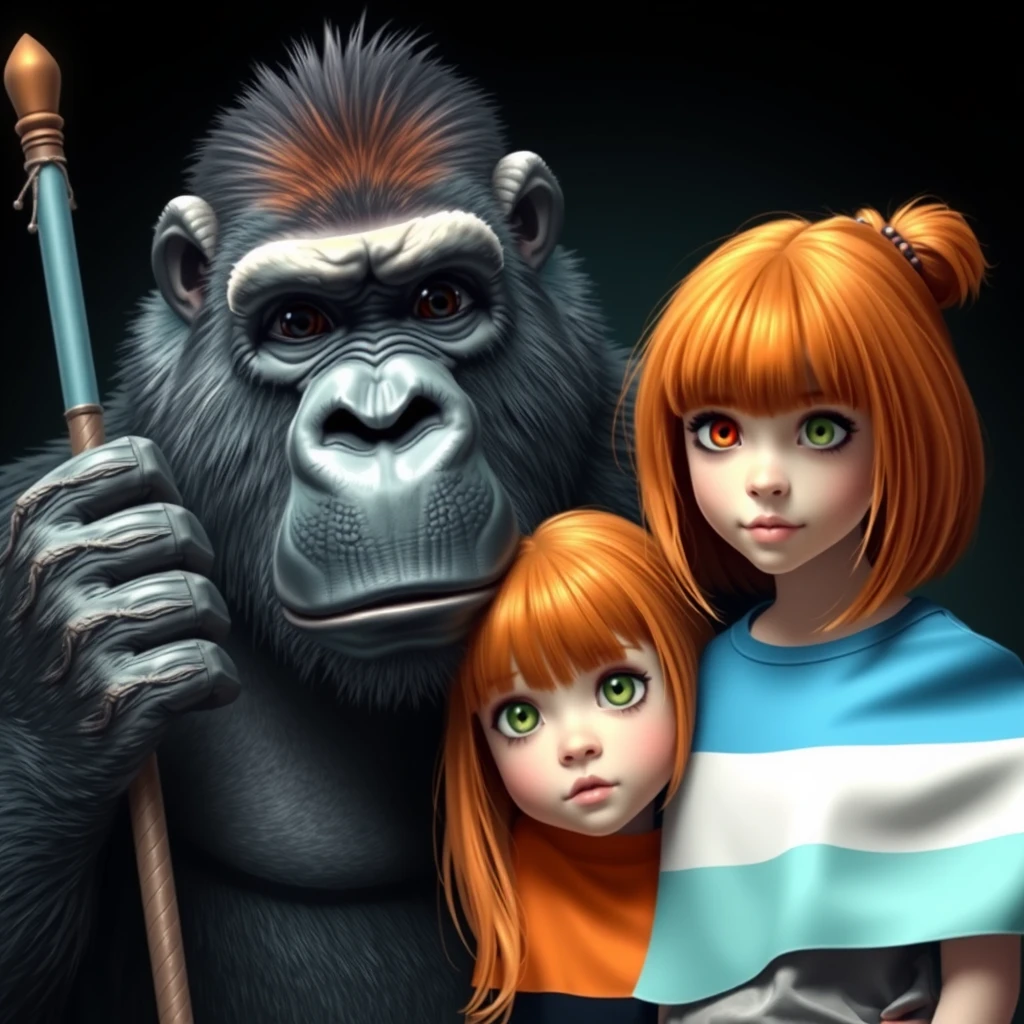 Fierce gorilla holding a three-striped flag in light blue, white, and light blue, next to a cute ginger-haired, green-eyed teenage girl with bangs. - Image